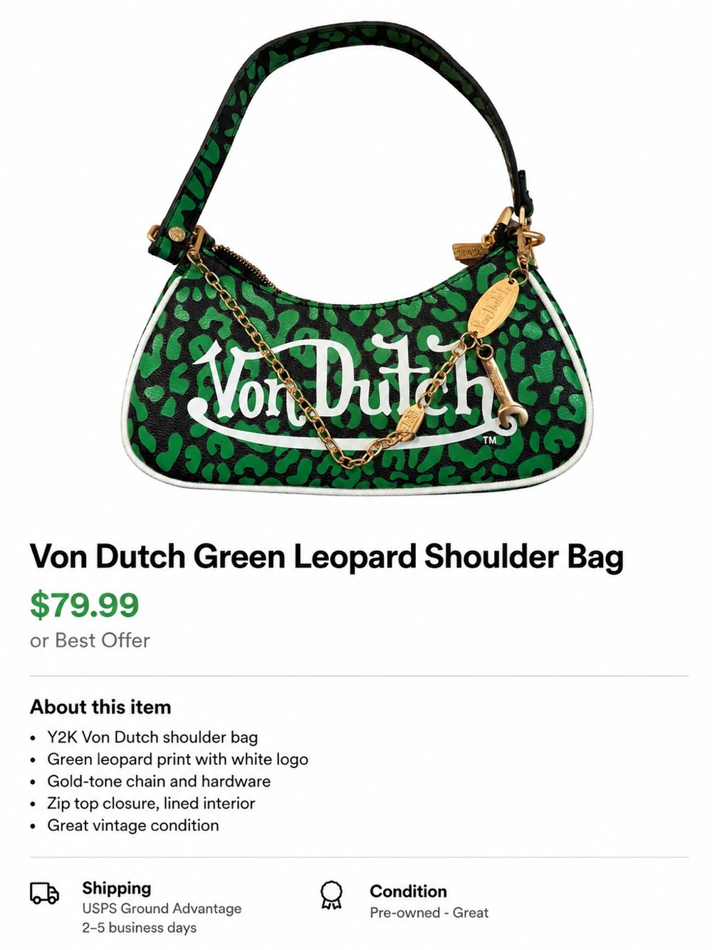 Von Dutch Green Leopard Shoulder Bag with Gold Hardware